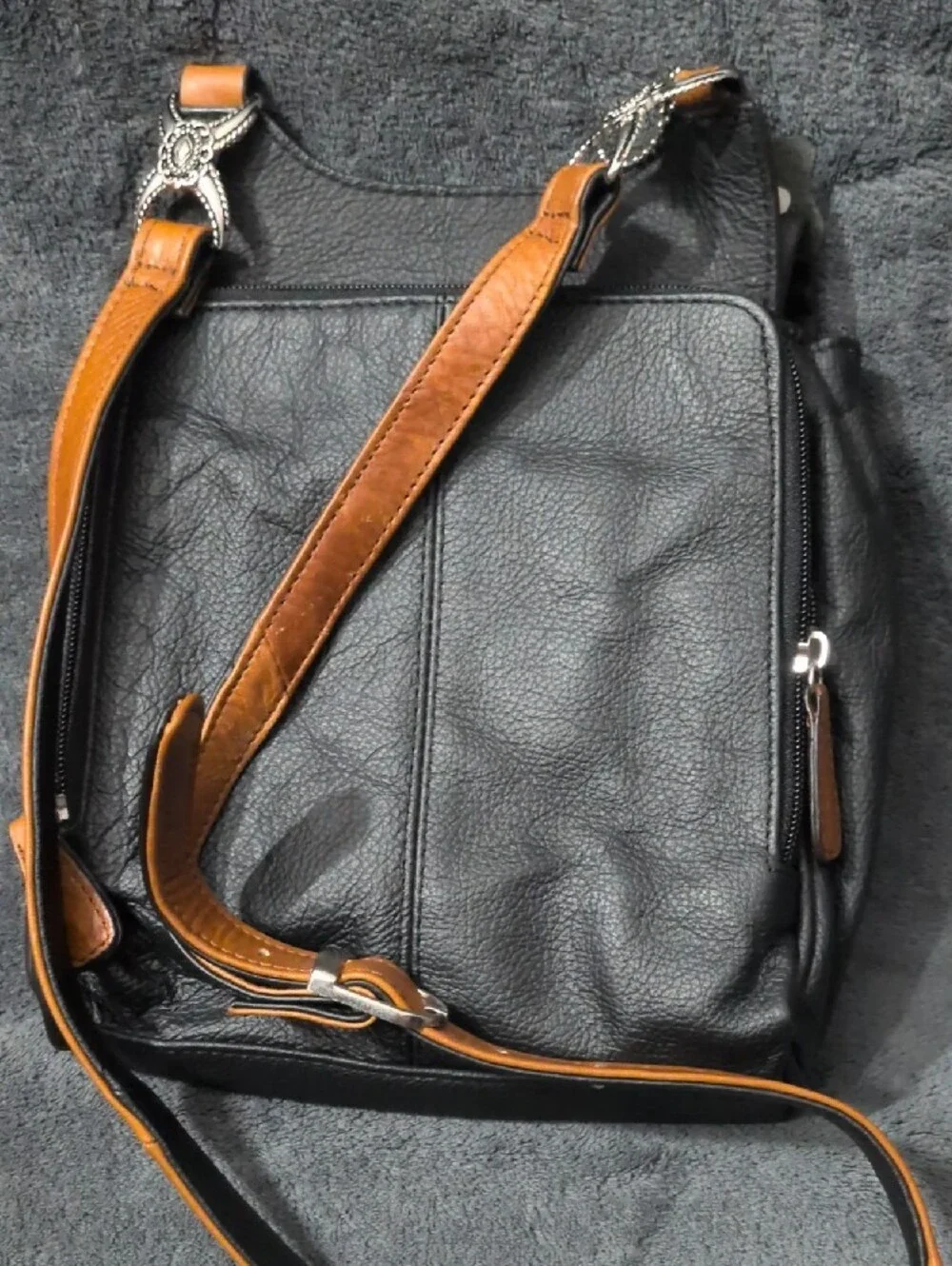 Black and Tan Leather Crossbody Bag with Concho Accent